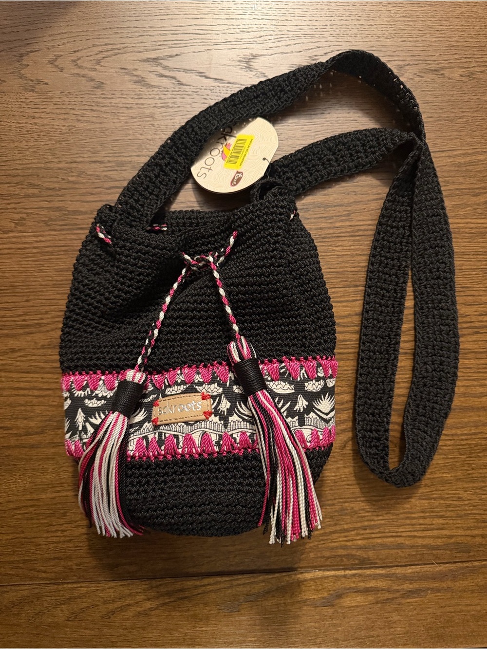 NWT Sakroots Black Crochet Drawstring Bag with Pink and Ivory Accents
